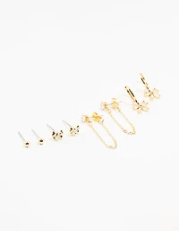 Gold Plated Brass Heart Bow Chain Earrings 4-Pack