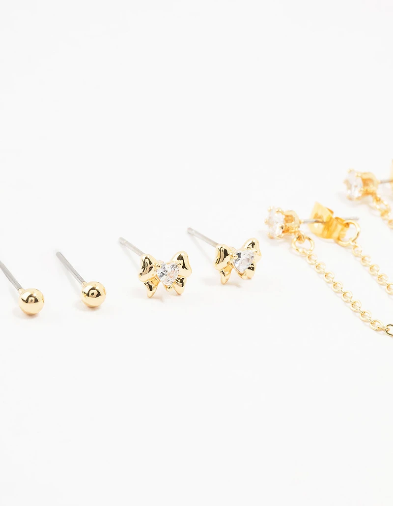 Gold Plated Brass Heart Bow Chain Earrings 4-Pack