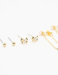 Gold Plated Brass Heart Bow Chain Earrings 4-Pack