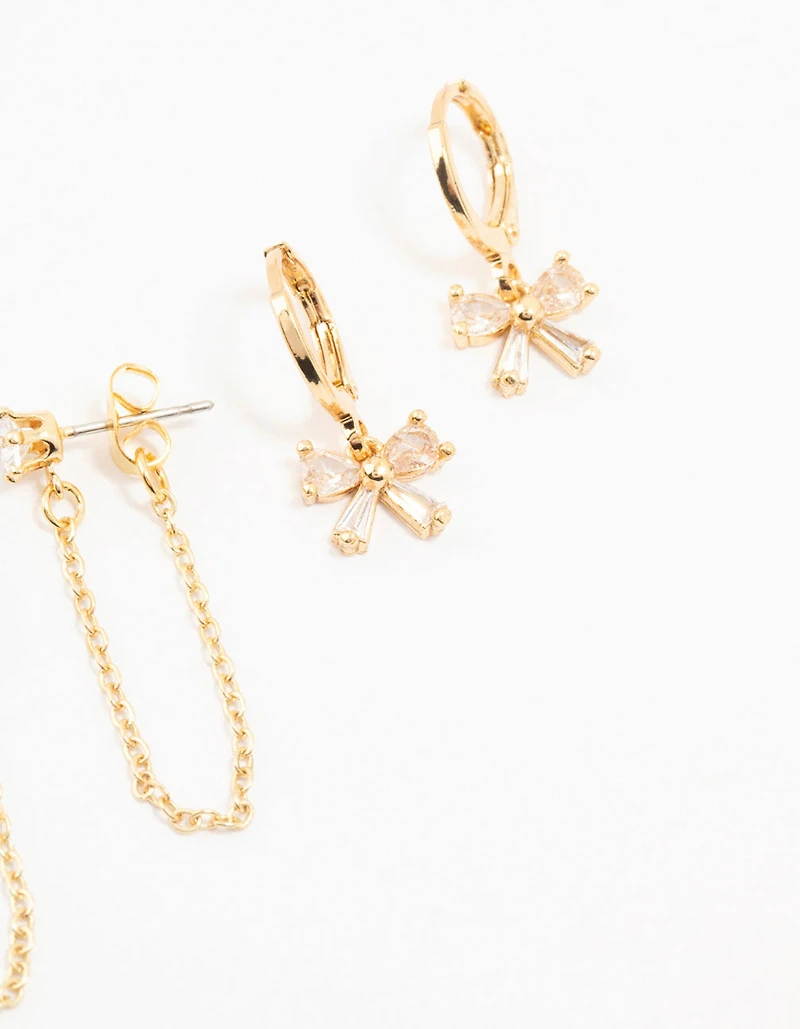 Gold Plated Brass Heart Bow Chain Earrings 4-Pack