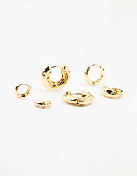 Gold Plated Brass Hammered Graduating Hoop Earrings 3-Pack