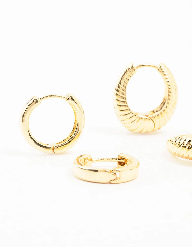 Gold Plated Brass Textured Teardrop Hoops 3-Pack