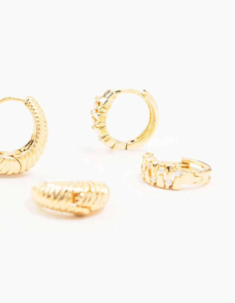 Gold Plated Brass Textured Teardrop Hoops 3-Pack