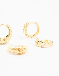 Gold Plated Brass Textured Teardrop Hoops 3-Pack