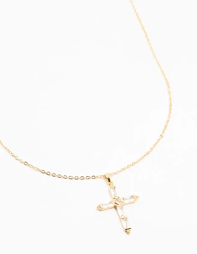 Gold Plated Brass Large Baguette Cut Cubic Zirconia Cross Necklace
