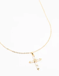 Gold Plated Brass Large Baguette Cut Cubic Zirconia Cross Necklace