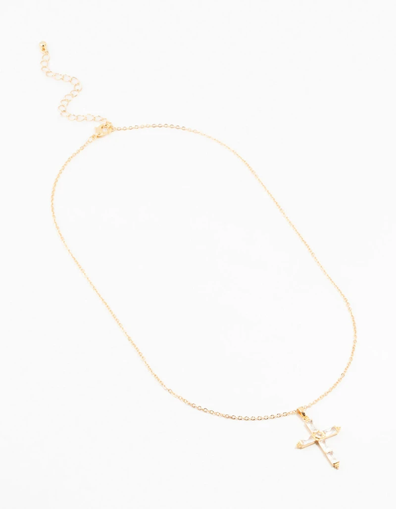 Gold Plated Brass Large Baguette Cut Cubic Zirconia Cross Necklace