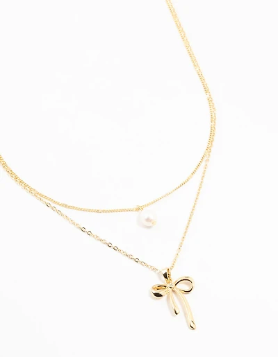 Gold Plated Brass Bow & Pearl Layered Necklace