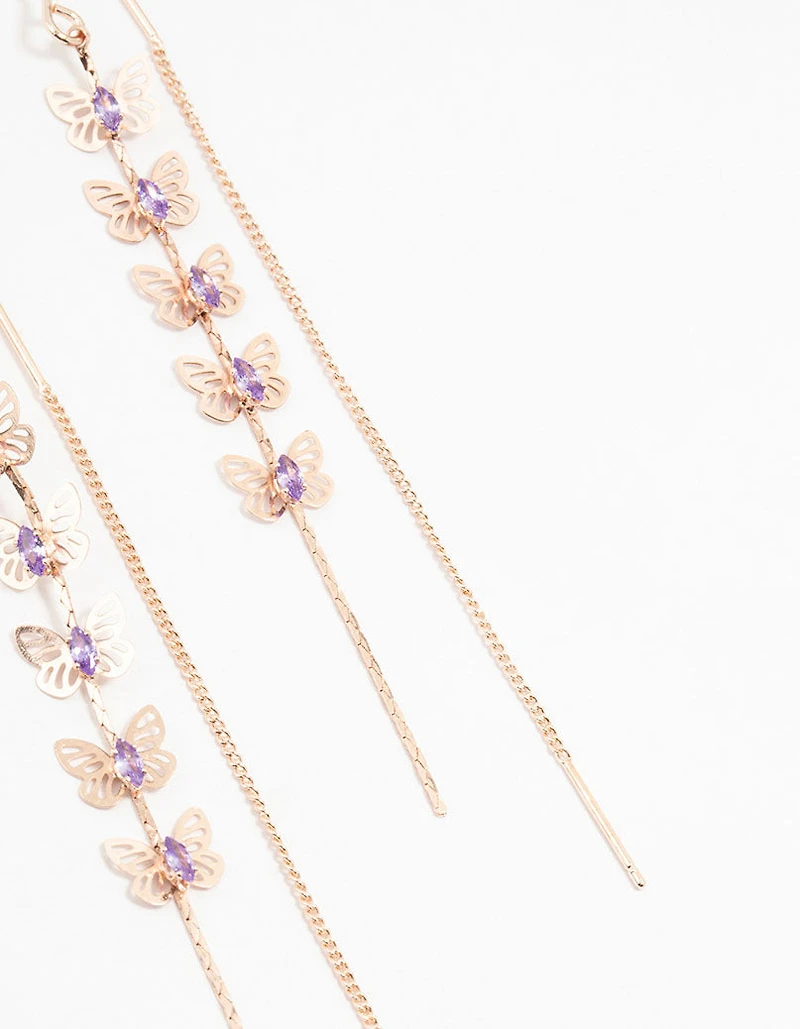 Rose Gold Butterfly Purple Cubic Zirconia Drop Earrings