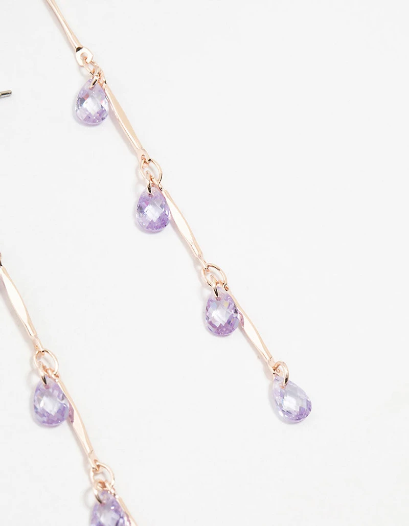 Rose Gold Purple Cubic Zirconia Droplet Drop Earrings