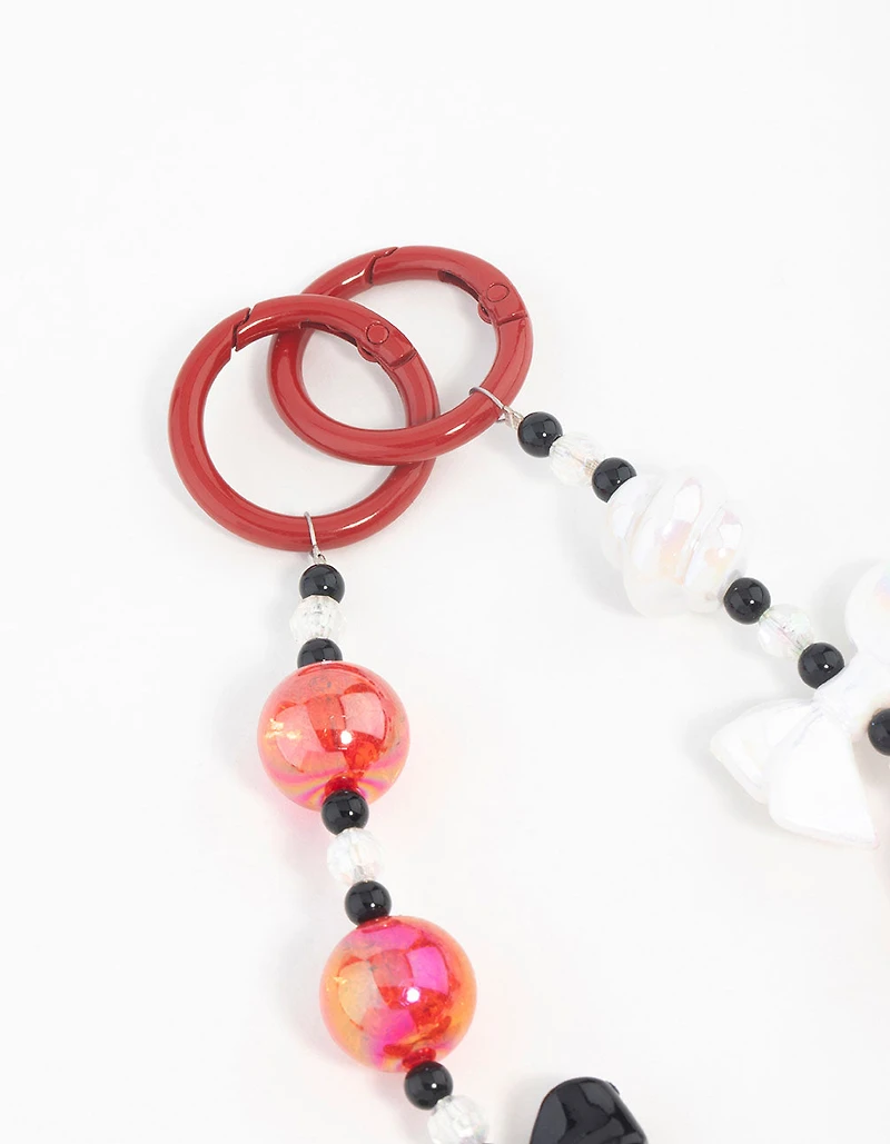 Red, White & Black Pearl & Bow Heart Keychain