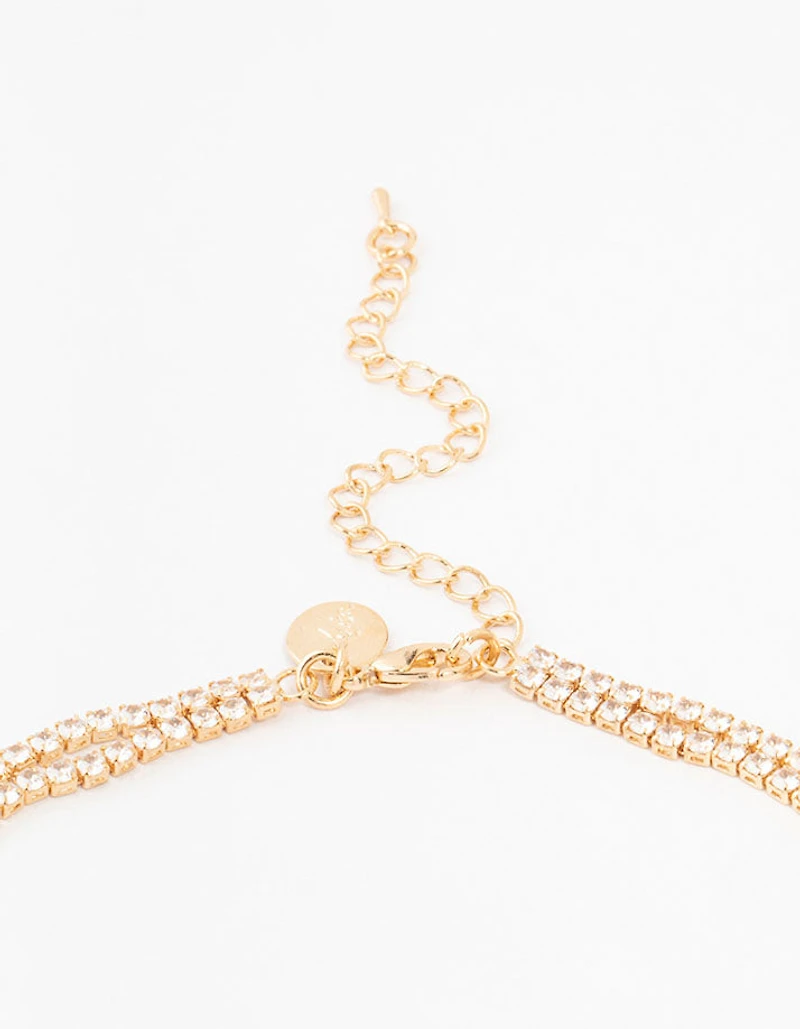Gold Cubic Zirconia 2 Layered Pear Stone Necklace