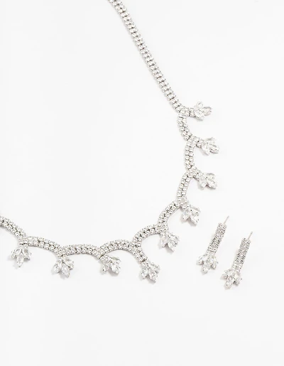 Silver Scallop Cubic Zirconia Flower Necklace & Earrings Set