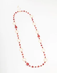 Gold Long Red Stone Mixed Beads Necklace
