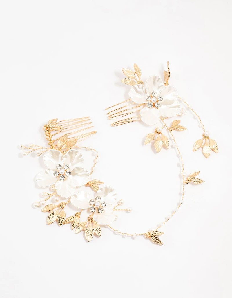 Gold Pearlised Flower Trio Draped Comb Head Piece