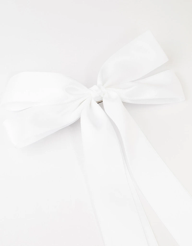 White Fabric Oversized Ribbon Bow Clip