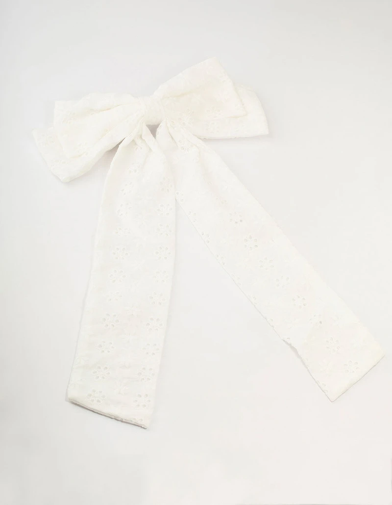 Large White Fabric Broderie Bow Clip