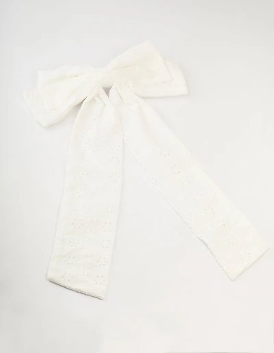 Large White Fabric Broderie Bow Clip