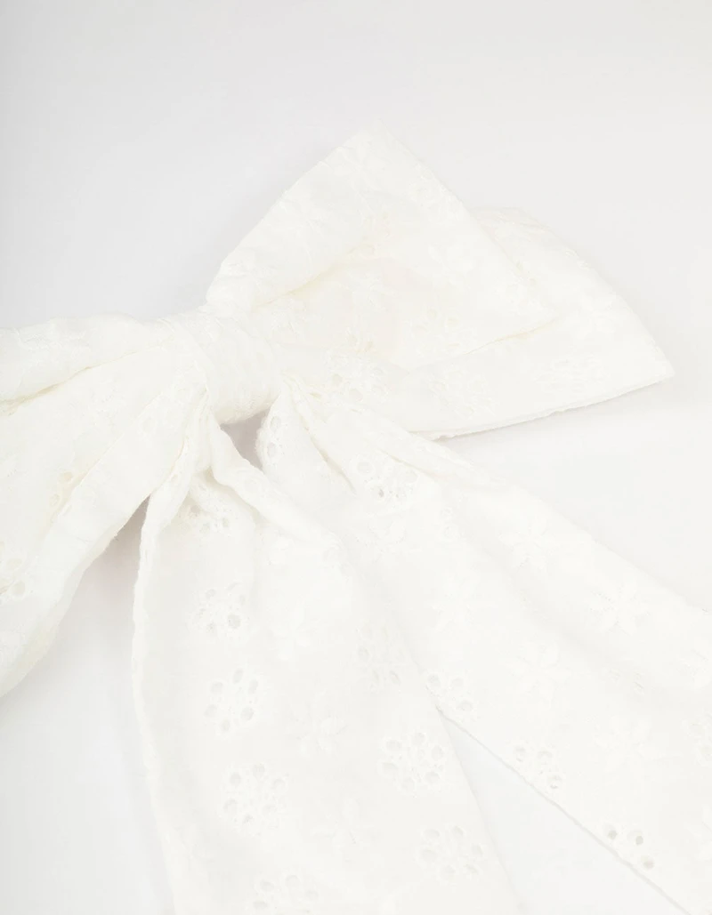 Large White Fabric Broderie Bow Clip