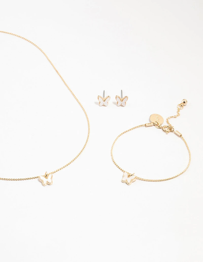 Kids Gold Butterfly Necklace & Earrings & Wrist Cuff Set