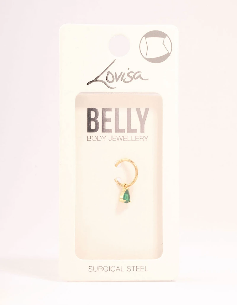 Gold Plated Surgical Steel Pear Green Diamante Drop Belly Bar