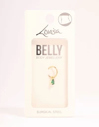 Gold Plated Surgical Steel Pear Green Diamante Drop Belly Bar
