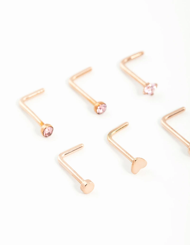 Rose Gold Plated Surgical Steel Heart & Diamante Nose Studs 6-Pack