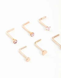 Rose Gold Plated Surgical Steel Heart & Diamante Nose Studs 6-Pack
