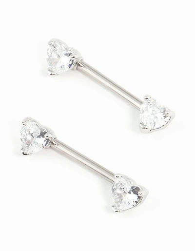 Surgical Steel Cubic Zirconia Heart Nipple Bar 2-Pack