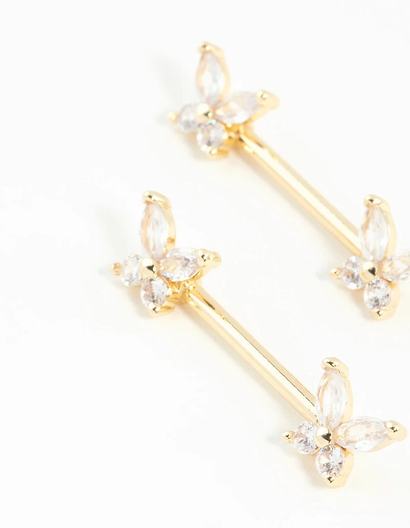 Gold Plated Surgical Steel Cubic Zirconia Butterfly Nipple Bars 2-Pack
