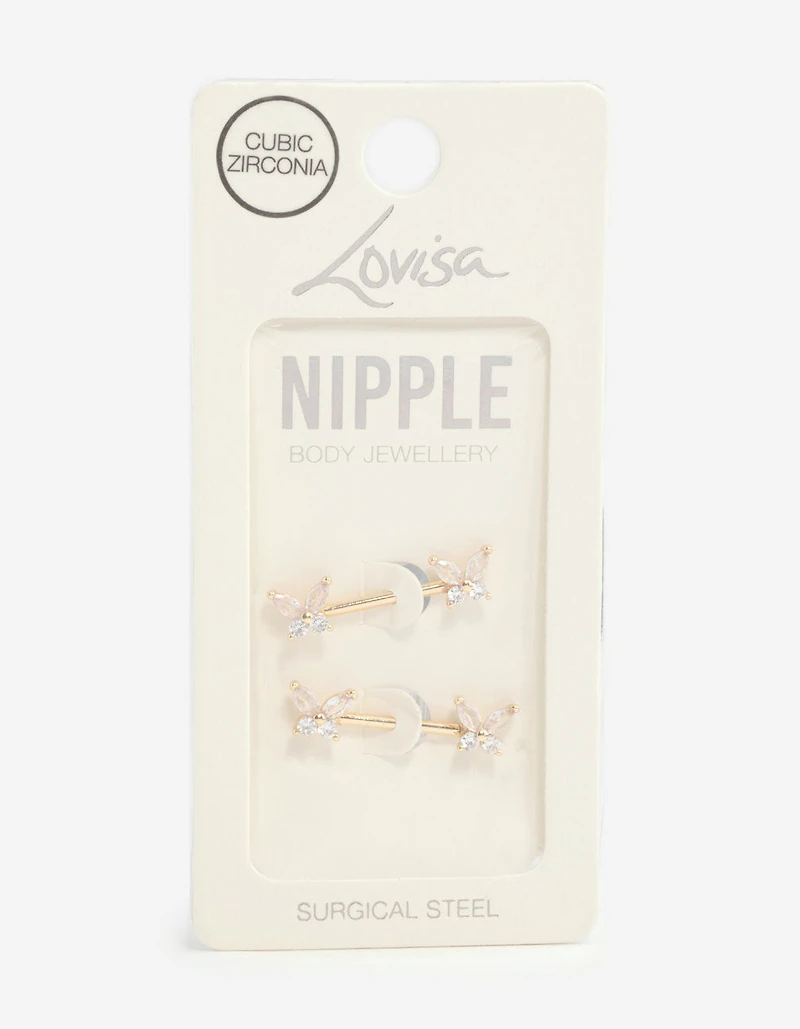 Gold Plated Surgical Steel Cubic Zirconia Butterfly Nipple Bars 2-Pack