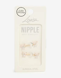 Gold Plated Surgical Steel Cubic Zirconia Butterfly Nipple Bars 2-Pack