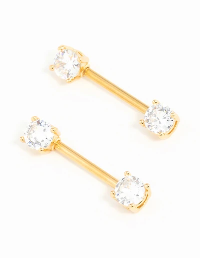 Gold Plated Surgical Steel Cubic Zirconia Nipple Bars 2-Pack