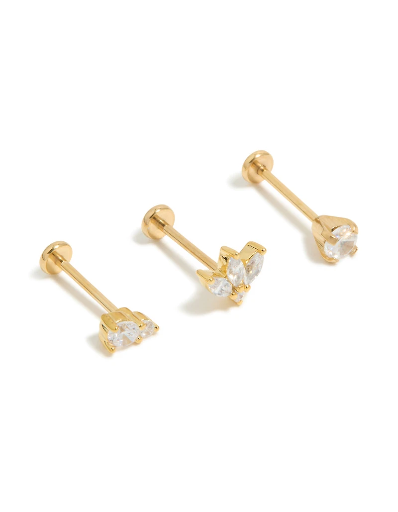 Gold Plated Surgical Steel Double Cubic Zirconia Flat Backs 3-Pack