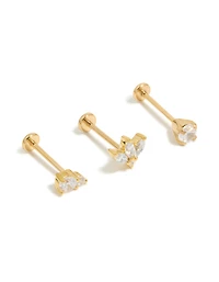 Gold Plated Surgical Steel Double Cubic Zirconia Flat Backs 3-Pack