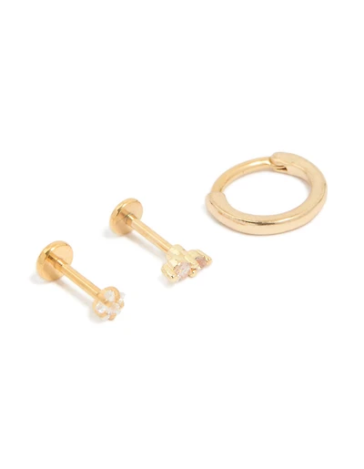 Gold Plated Surgical Steel Cubic Zirconia Flat Back Studs & Hoops 3-Pack