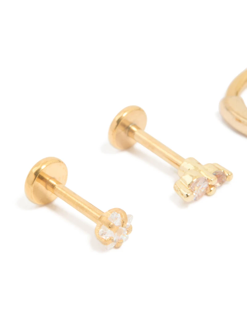 Gold Plated Surgical Steel Cubic Zirconia Flat Back Studs & Hoops 3-Pack