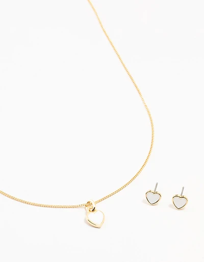 Gold Enamel Heart Necklace & Earrings Set