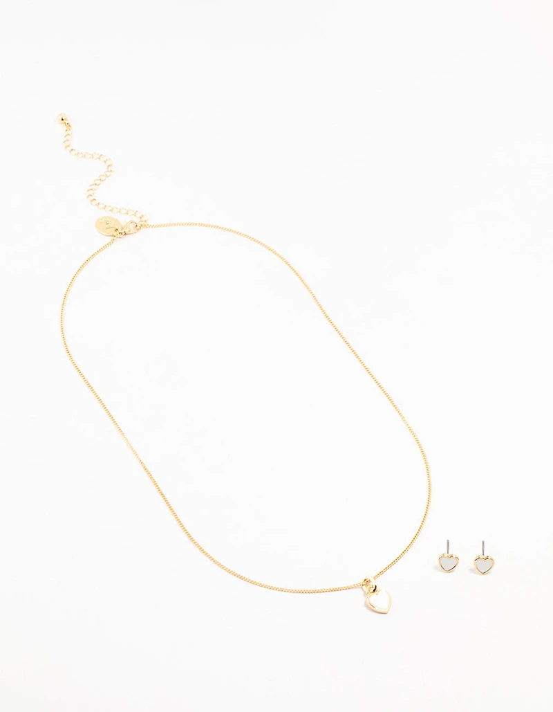 Gold Enamel Heart Necklace & Earrings Set