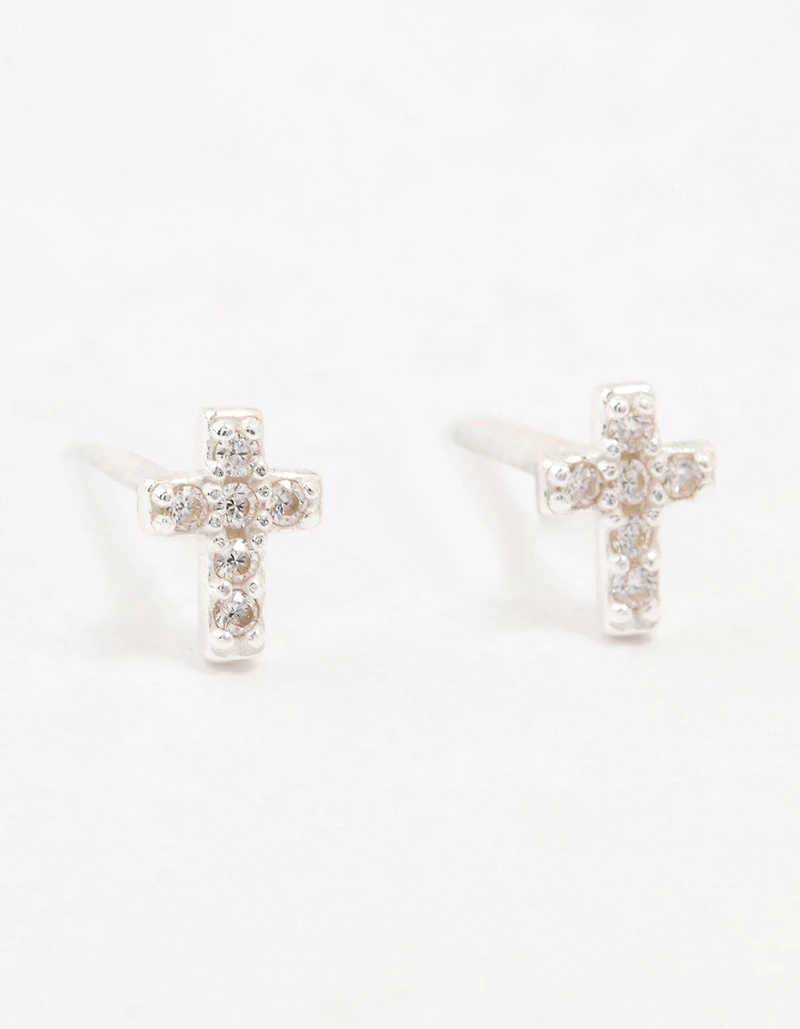 Cubic Zirconia Cross Sterling Silver Stud Earrings