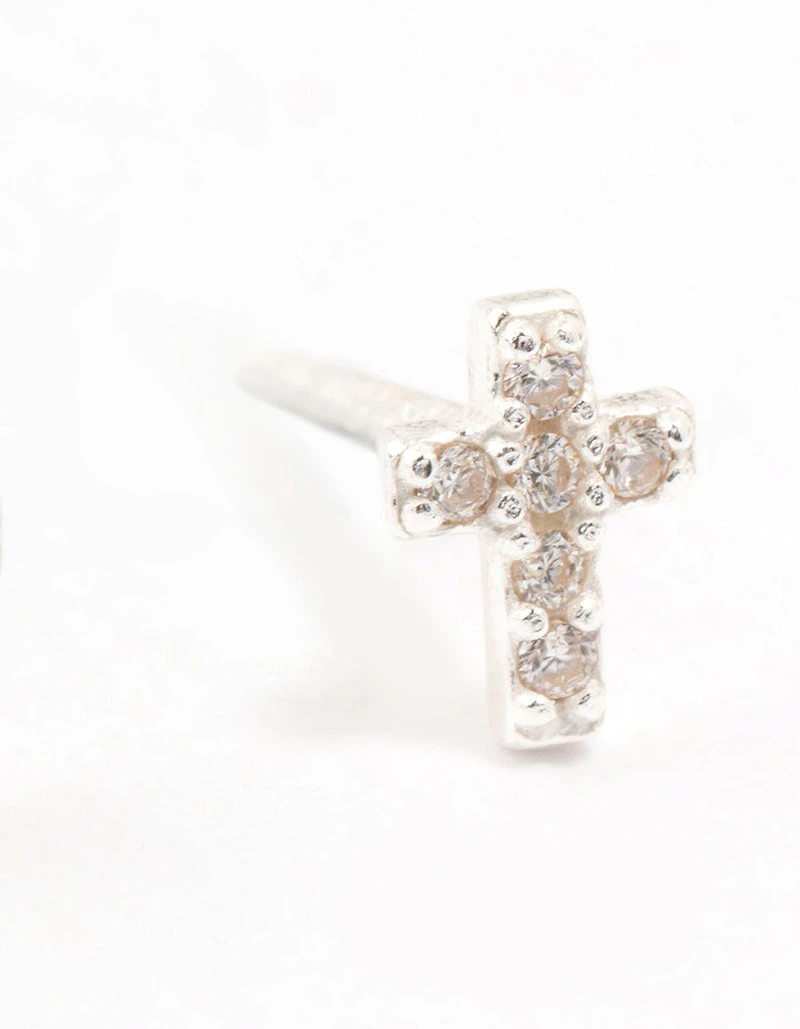 Cubic Zirconia Cross Sterling Silver Stud Earrings