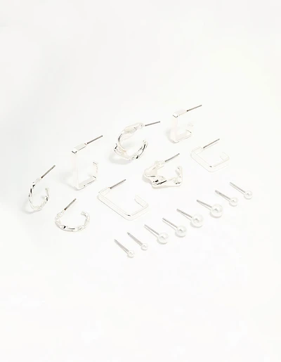 Silver Pearl & Mixed Shape Hoop Earrings 8-Pack