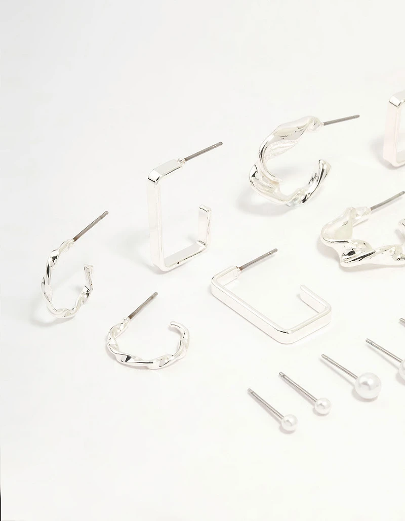 Silver Pearl & Mixed Shape Hoop Earrings 8-Pack