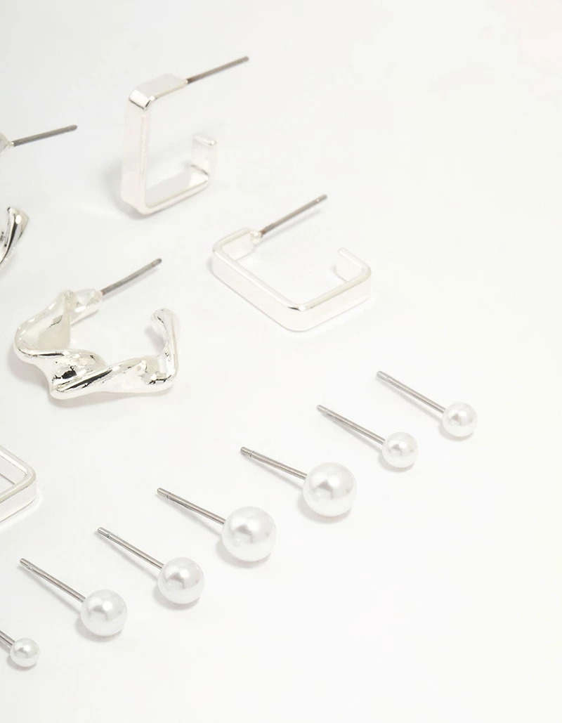 Silver Pearl & Mixed Shape Hoop Earrings 8-Pack