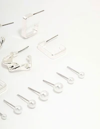 Silver Pearl & Mixed Shape Hoop Earrings 8-Pack