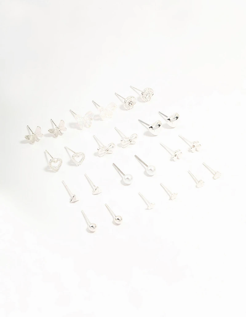 Silver Butterfly & Mixed Style Stud Earrings 12-Pack