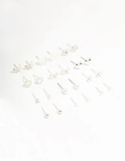 Silver Butterfly & Mixed Style Stud Earrings 12-Pack