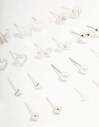 Silver Butterfly & Mixed Style Stud Earrings 12-Pack