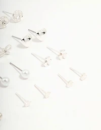 Silver Butterfly & Mixed Style Stud Earrings 12-Pack