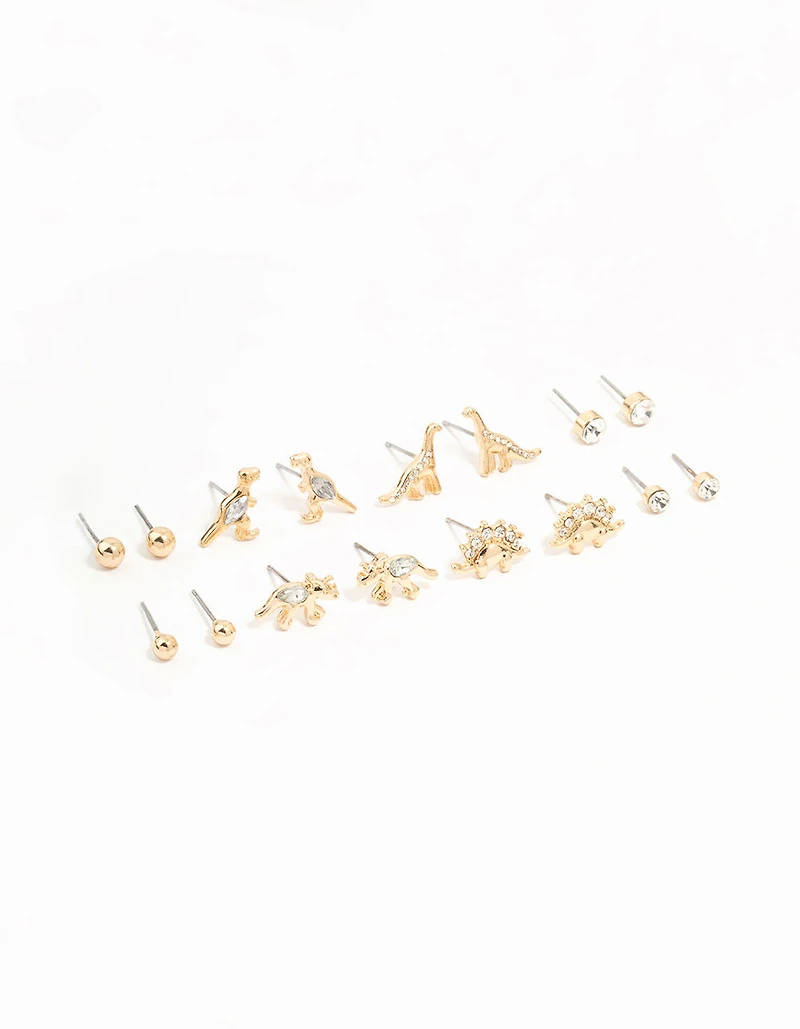 Gold Dinosaur & Diamante Stud Earrings 8-Pack